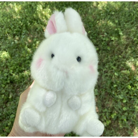 Aurora Chubby Mini Bunny 6 inch White Pink Ears and Cheeks Sitting up Gift EUC - Picture 2 of 5